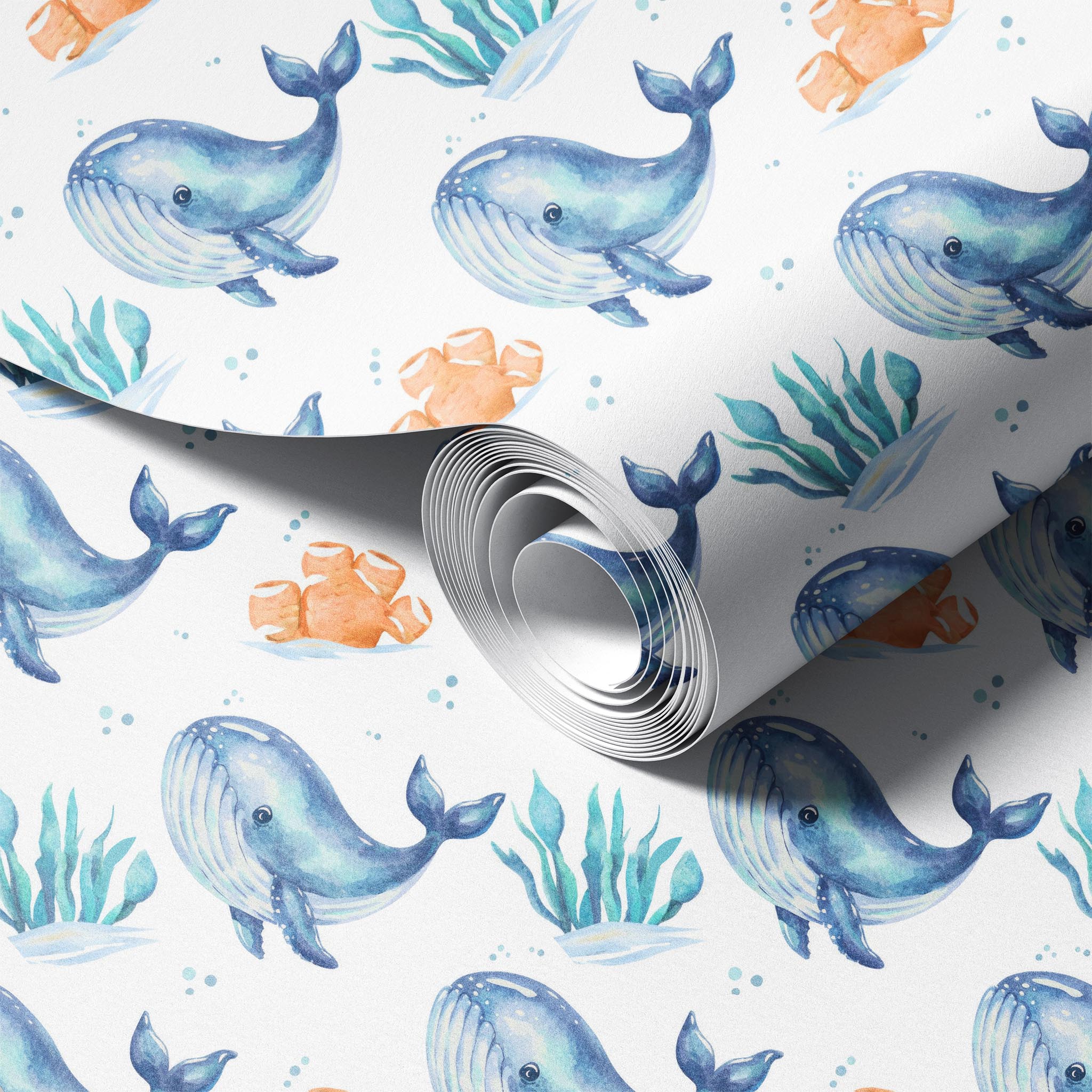 Blue Whales peel and stick wallpaper room mockup